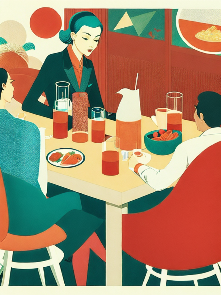 01076-3654769848-a poster of a person sitting at a table with food and drinks in front of them by Victo Ngai.png